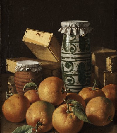 Stilleven met sinaasappels, potten en dozen met snoep door Luis Egidio Melendez